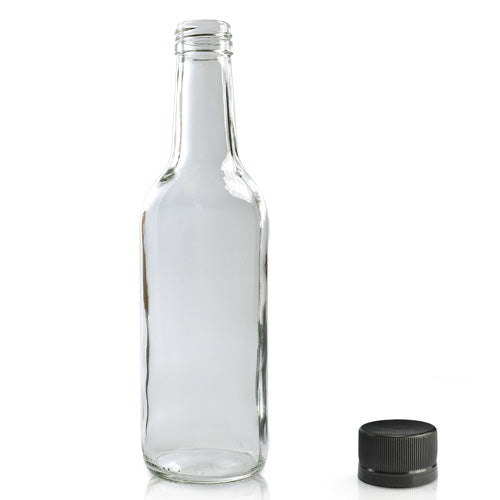 330ml Clear Glass Water Bottle & Cap - Black