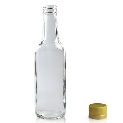 330ml Clear Glass Water Bottle & Cap - Gold