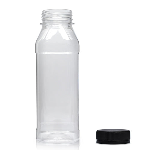 300ml Clear PET Square Juice Bottle (38mm Neck) (Wholesale) - 38mm Black T/E Bottle Cap