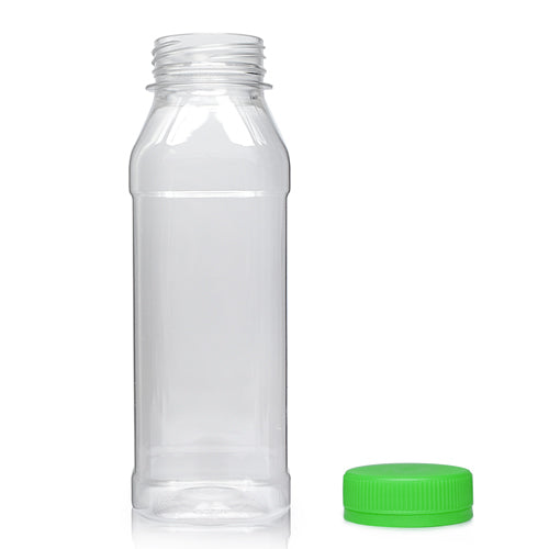 300ml Clear PET Square Juice Bottle (38mm Neck) (Wholesale) - 38mm Green T/E Bottle Cap