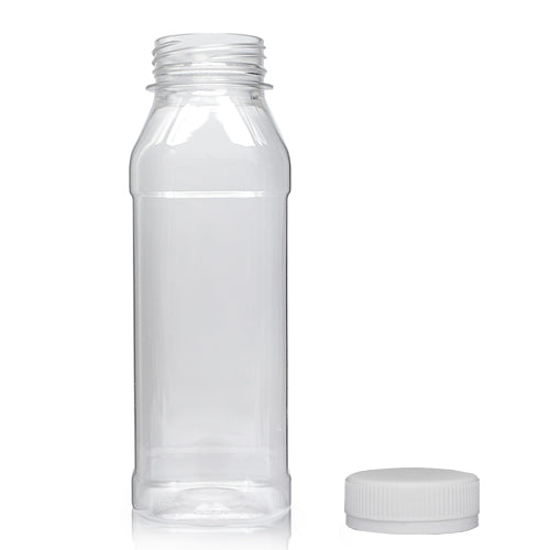 300ml Clear PET Square Juice Bottle (38mm Neck) (Wholesale) - 38mm Natural T/E Bottle Cap