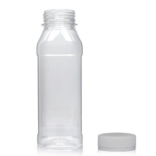 300ml Clear PET Square Juice Bottle (38mm Neck) (Wholesale) - 38mm Silver T/E Bottle Cap