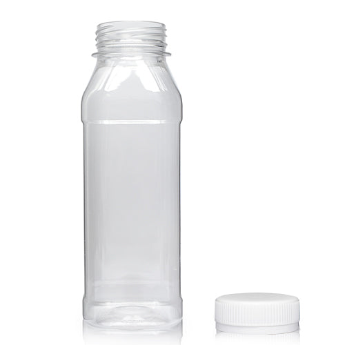 300ml Clear PET Square Juice Bottle (38mm Neck) (Wholesale) - 38mm White T/E Bottle Cap