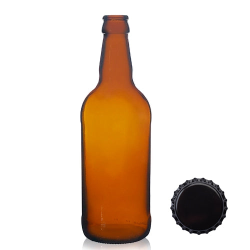 500ml Short Amber Glass Beer Bottle & Crown Cap - Black