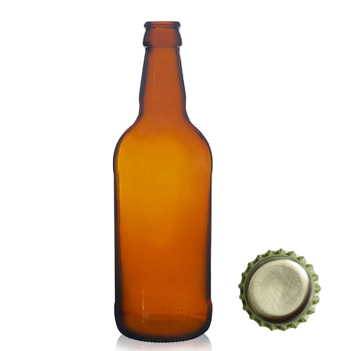 500ml Short Amber Glass Beer Bottle & Crown Cap - Gold