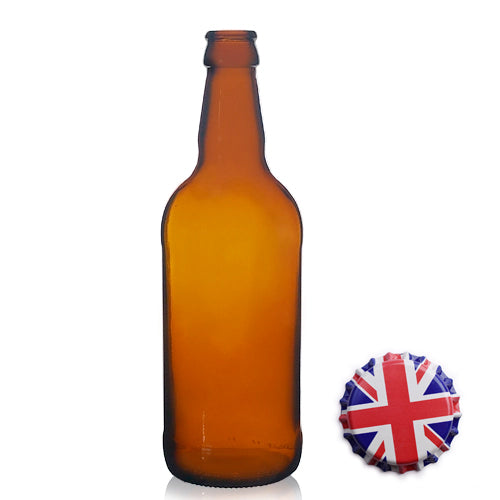 500ml Short Amber Glass Beer Bottle & Crown Cap - Union Jack