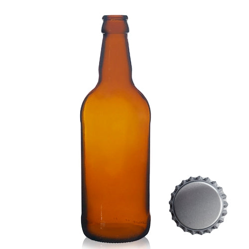500ml Short Amber Glass Beer Bottle & Crown Cap - Silver