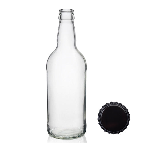 500ml Short Clear Glass Cider Bottle & Crown Cap - Black