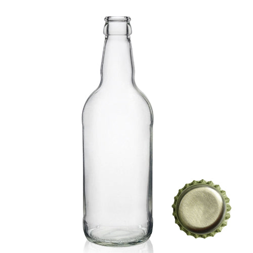 500ml Short Clear Glass Cider Bottle & Crown Cap - Gold