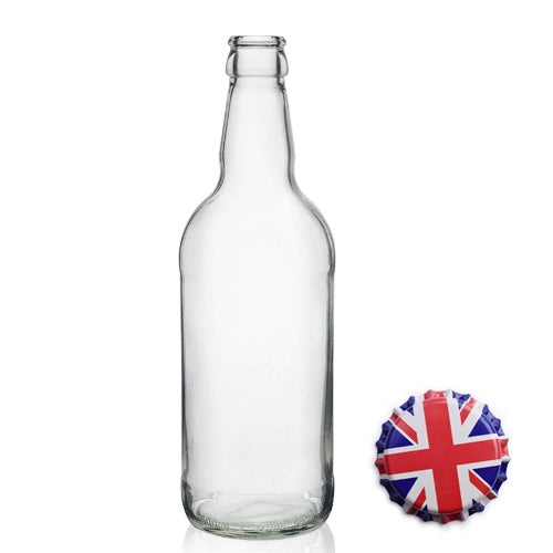 500ml Short Clear Glass Cider Bottle & Crown Cap - Union Jack