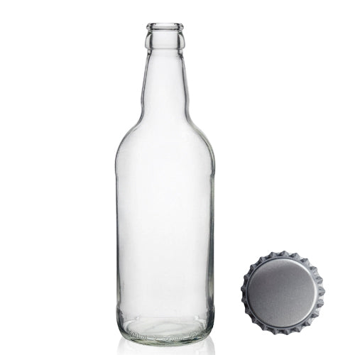 500ml Short Clear Glass Cider Bottle & Crown Cap - Silver