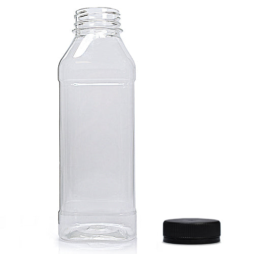 500ml Clear PET Square Plastic Juice Bottle (38mm Neck) (Wholesale) - 38mm Black T/E Bottle Cap