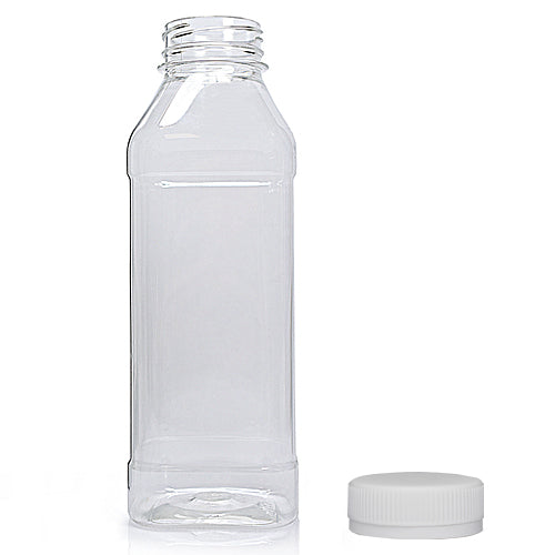 500ml Clear PET Square Plastic Juice Bottle (38mm Neck) (Wholesale) - 38mm White T/E Bottle Cap