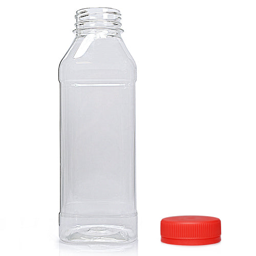 500ml Clear PET Square Plastic Juice Bottle (38mm Neck) (Wholesale) - 38mm Red T/E Bottle Cap