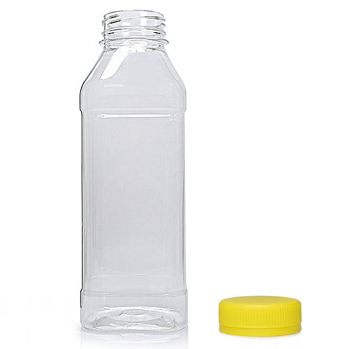 500ml Clear PET Square Plastic Juice Bottle (38mm Neck) (Wholesale) - 38mm Yellow T/E Bottle Cap