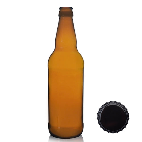 500ml Tall Amber Glass Beer Bottle & Crown Cap - Black