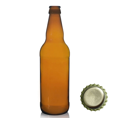 500ml Tall Amber Glass Beer Bottle & Crown Cap - Gold