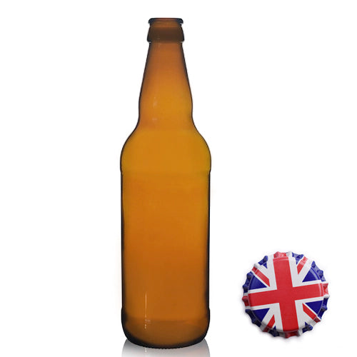 500ml Tall Amber Glass Beer Bottle & Crown Cap - Union Jack