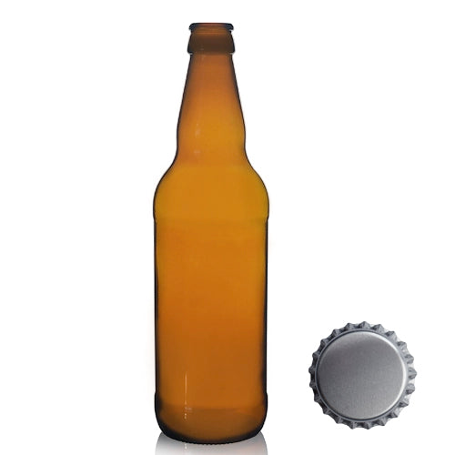 500ml Tall Amber Glass Beer Bottle & Crown Cap - Silver