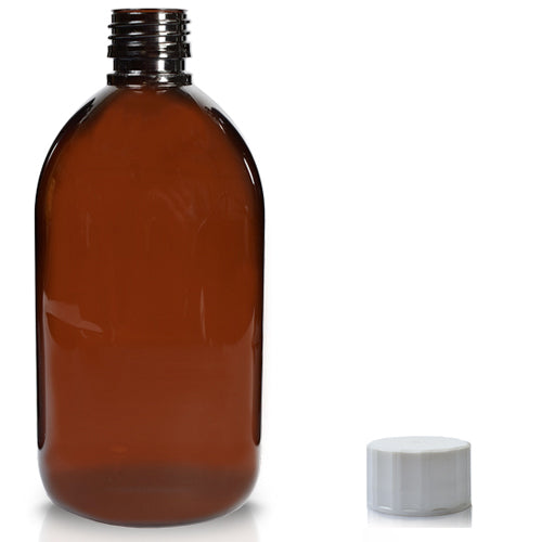 500ml Amber PET Sirop Bottle & 28mm Screw Cap - White