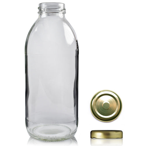500ml Clear Glass Juice Bottle & Twist Off Cap - Gold (Button Top)