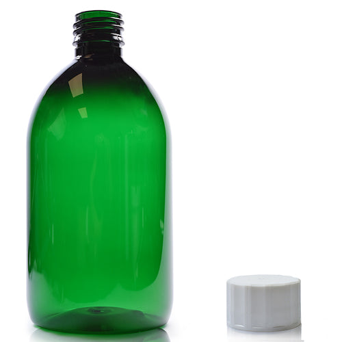 500ml Green PET Sirop Bottle & 28mm Screw Cap - White