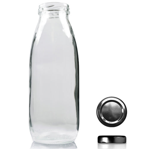 500ml Clear Glass Milk/Juice Bottle & Twist Off Cap - Black