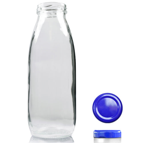 500ml Clear Glass Milk/Juice Bottle & Twist Off Cap - Blue