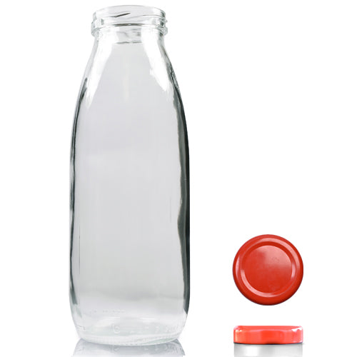 500ml Clear Glass Milk/Juice Bottle & Twist Off Cap - Red
