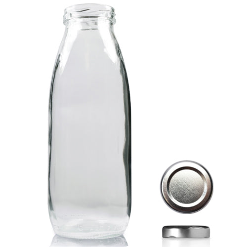 500ml Clear Glass Milk/Juice Bottle & Twist Off Cap - Silver