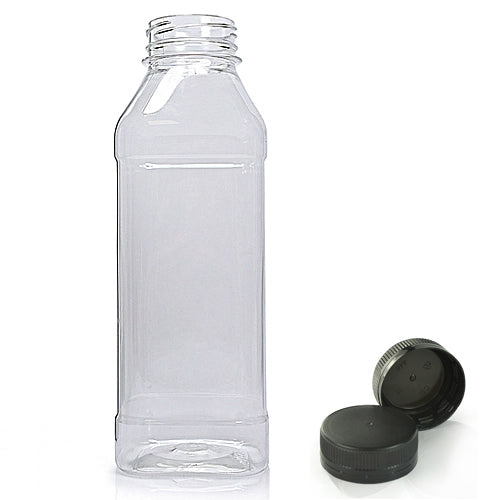 500ml Clear PET Square Plastic Juice Bottle With 38mm Black T/E Juice Cap