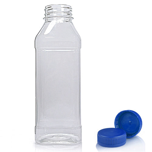 500ml Clear PET Square Plastic Juice Bottle With 38mm Blue T/E Juice Cap