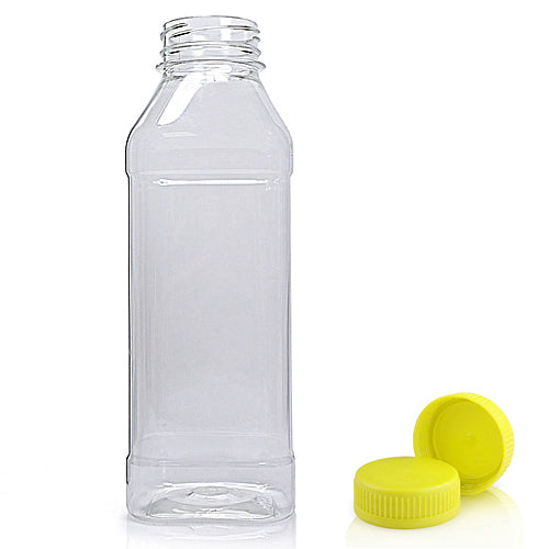 500ml Clear PET Square Plastic Juice Bottle With 38mm Yellow T/E Juice Cap