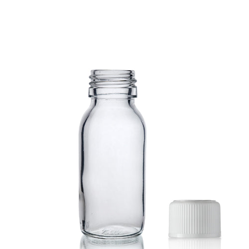 60ml Clear Glass Sirop Bottle & 28mm White Medilock Cap