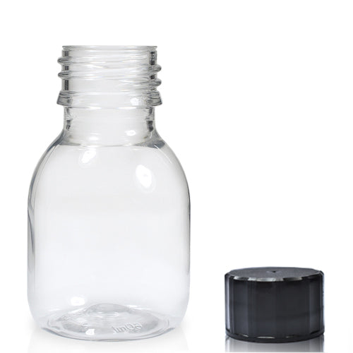 60ml Clear PET Plastic Sirop Bottle & 28mm Screw Cap - Black
