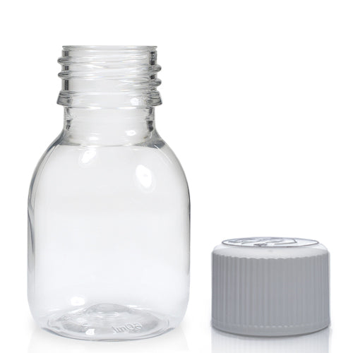 60ml Clear PET Plastic Sirop Bottle & 28mm white CR Cap