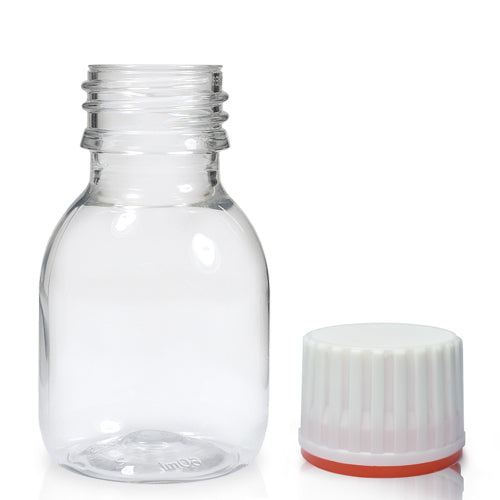 60ml Clear PET Plastic Sirop Bottle & 28mm (Red Band) T/E Cap