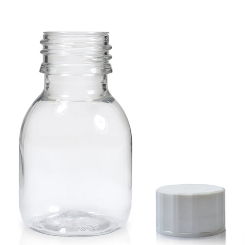 60ml Clear PET Plastic Sirop Bottle & 28mm Screw Cap - White